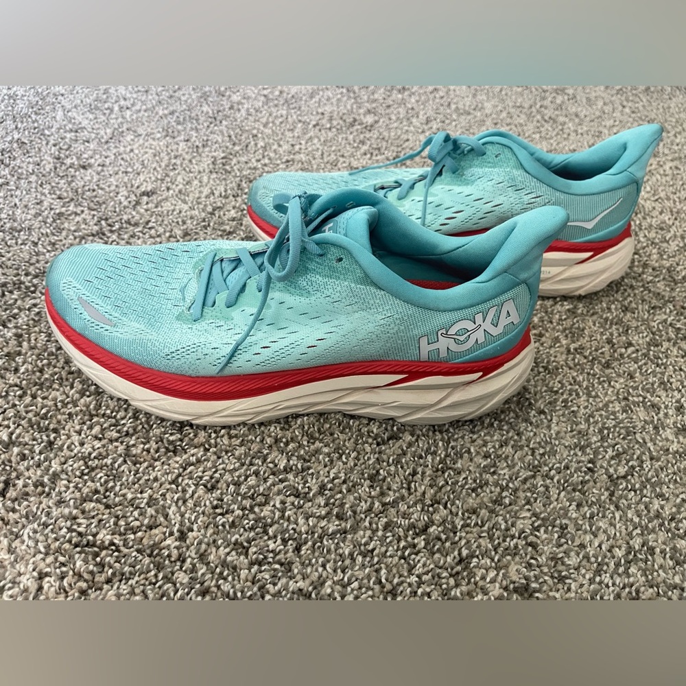 Women’s Hoka One Clifton 8 Running Shoes Size 11 Teal Blue Red